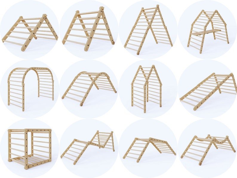May include: A set of 10 wooden climbing frames for children. The frames are made of natural wood and have different shapes and sizes. Some frames have a ladder, while others have a slide or a platform. The frames are all designed to help children develop their motor skills and coordination.
