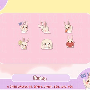 bunny rabbit twitch emotes, cute twitch emote, discord, hi, sad, angry, hype, love, pat, discord emote, youtube, facebook, kawaii, cute