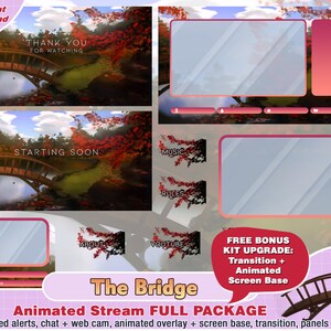 animated red bridge twitch package, kawaii twitch overlays, twitch panels, twitch alerts, webcam, discord, youtube, facebook, flower, sakura