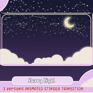 escena animada de transición de contracción de la noche estrellada, estrellas animan aguijón, transición de aguijón, obs, vtuber, transición de serpentina, luna de animación