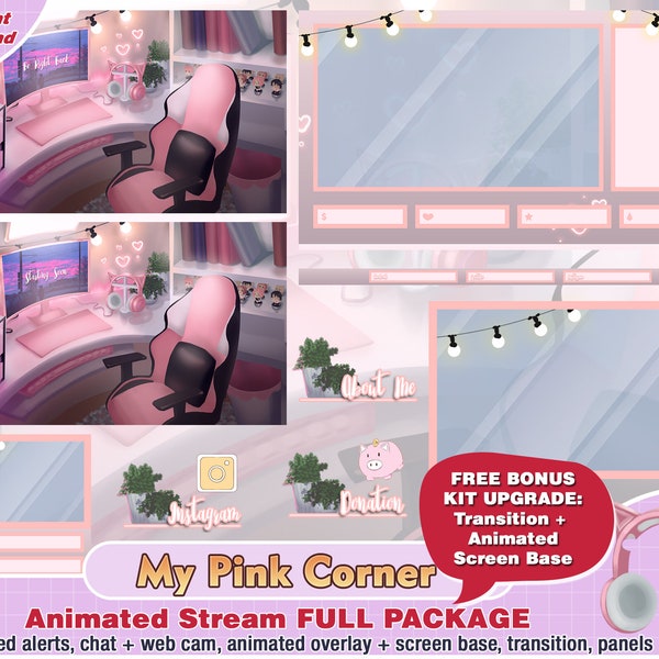 animated pink setup game twitch package, cute twitch overlay, aesthetic, panels, alerts, room overlay, web cam, premade discord chat, girly