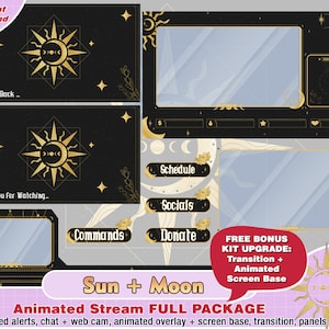 Animated dark celestial sun moon twitch package, kawaii twitch overlay, panels, alert, cute overlays, streamer pack, webcam, eclipse premade