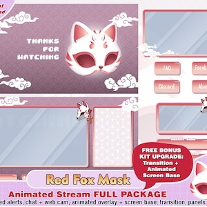 Animated Japanese Red Kitsune Mask Twitch Package include Twitch stream overlays, panels, alerts, cute game/chat webcam overlay, transition