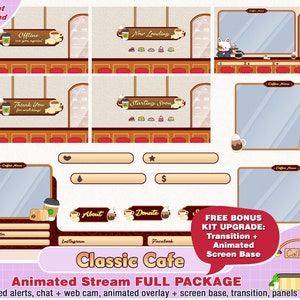 animated coffee cafe twitch package, camera twitch overlay, twitch panels, twitch alerts, cute cafe overlays, kawaii stream overlay screen