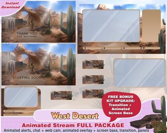 Animated wild desert west twitch package, kawaii twitch overlay, panels, alerts, cute overlays, streamer pack, read dead redemption, stream