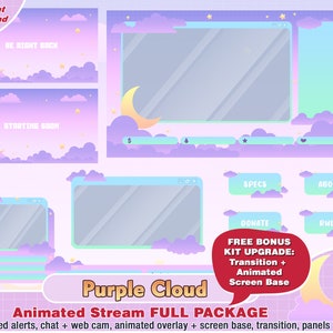 Animated purple cloud twitch package, kawaii twitch overlay, panels, alerts, cute overlays, streamer pack, aesthetic, pastel cute moon star