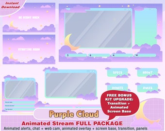 Animated purple cloud twitch package, kawaii twitch overlay, panels, alerts, cute overlays, streamer pack, aesthetic, pastel cute moon star