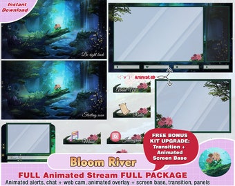 geanimeerd Bloom River Blue Twitch-pakket voor streamer om te streamen op YouTube, twitch-overlays, panelen, waarschuwingen, webcam, overgang, gamechat