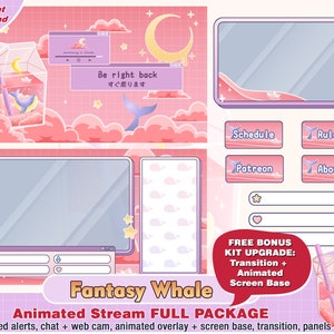 Animated Pink Fantasy Whale Twitch Package complete include Twitch overlays, Panels, Alerts, Stinger Transition for Streamer, Stream Youtube
