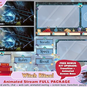 animated witchy ritual twitch package, goth twitch overlays, panel, alerts, chat, obs, gothic, blue, stream pack, curse, dark fantasy screen