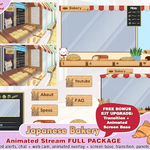 animated japanese bakery twitch package, camera twitch overlay, twitch panels, twitch alerts, webcam, scene, discord, bread, cake, kitty cat