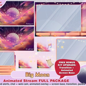 animated moon stars twitch package: kawaii overlays, aesthetic, alert, panels, pastel, cute, streamer pack, pink, night, cute twitch overlay