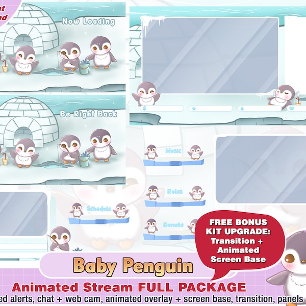 paquete de contracción del iglú de pingüino animado, superposición de contracción de la cámara facial, paneles de contracción, alertas de contracción, cámara web, escena, discordia, adorable, nieve, kawai azul