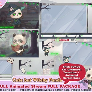 paquete de contracción de panda bruja animada, superposición de contracción linda, horror, paneles, alertas, paquete de transmisión, sangre gótica, superposiciones de cámara oscura de Halloween
