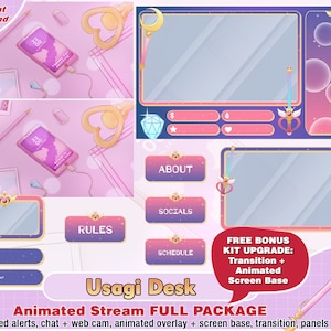 animated usagi twitch package, cam twitch overlay, twitch panel, twitch alerts webcam sailor moon streamer pack, stream overlays, transition
