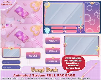 animated usagi twitch package, cam twitch overlay, twitch panel, twitch alerts webcam sailor moon streamer pack, stream overlays, transition