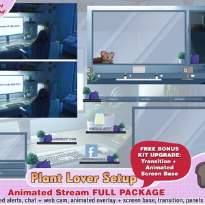 animated plant lover stream twitch package, cute twitch overlay, aesthetic, panels, alerts, room overlays, simple, webcam scene premade fb