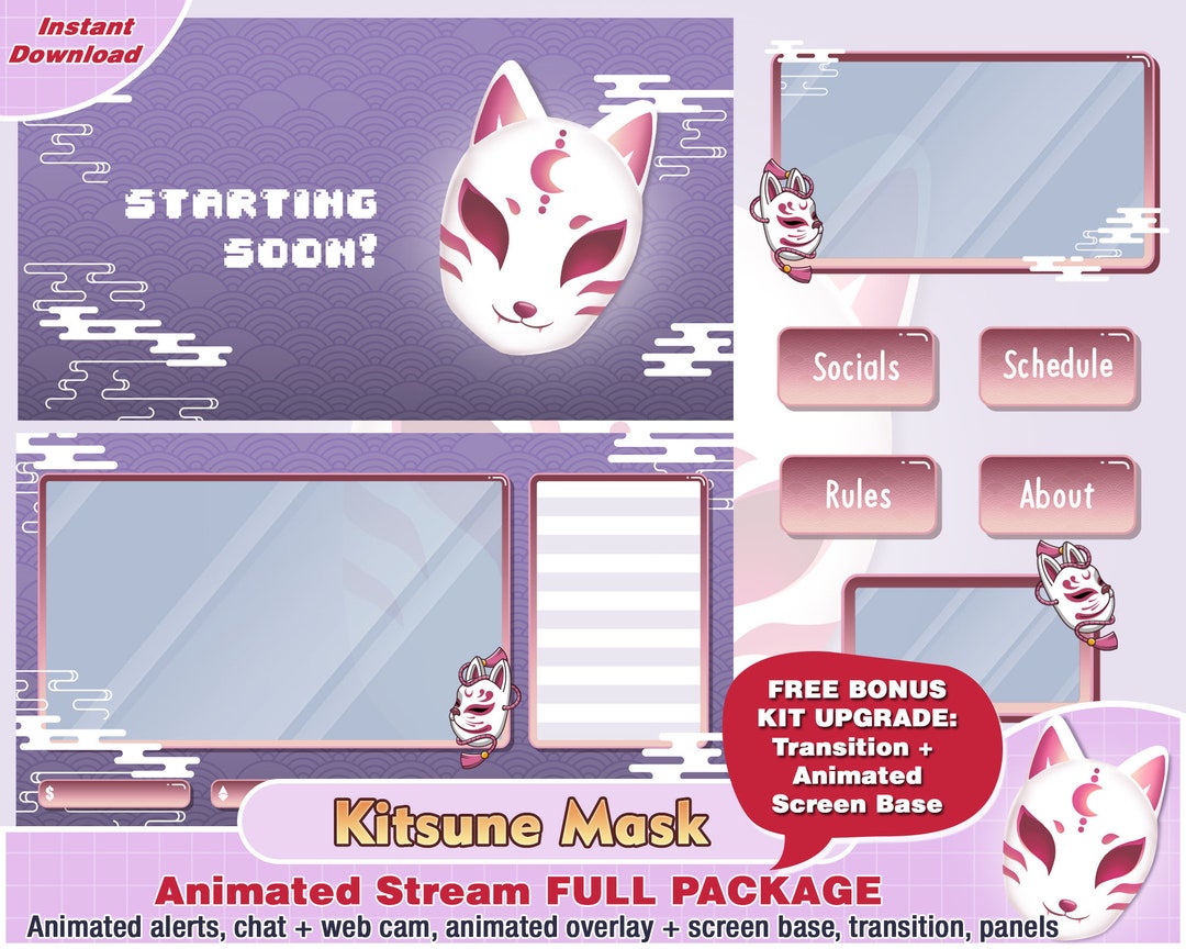 Animated Japanese Purple Kitsune Mask Twitch Package Include Twitch