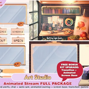 Forfait de twitch de studio d&#39;art animé pour le streamer youtuber vtuber à diffuser inclus : superposition de twitch, panneaux, alertes, webcam, superposition animée