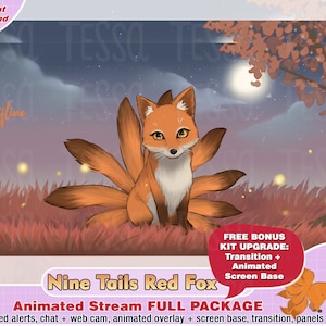 animated nine tail red fox twitch package, kawaii twitch overlay, twitch panels, twitch alerts, cute overlays, stream, kitsune, premade cute