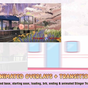 Animated japan train sakura pink spring cute twitch overlays, youtube stream premade overlay starting soon, brb, stinger transition overlay