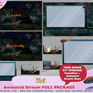 animated koi Japanese temple garden twitch package, cute twitch overlay, panels, alerts, webcam scene, screen, cute, fish, dark, night, cool