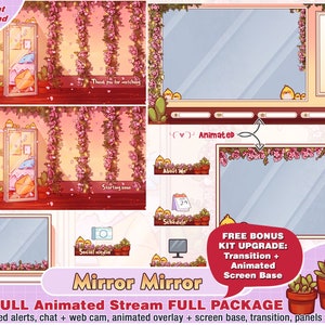 Animated Mirror backdrop cute flower pinky twitch full package: twitch overlays, panels, alert, transition, streamer pack, stream overlay