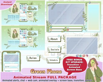 animated green phone girly twitch package: kawaii twitch overlays, cute stream panel, alerts, chat, obs, streamer pack, stream, plant lovers