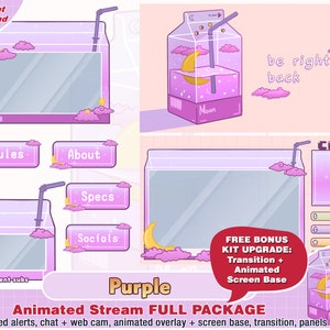 animated cute kawaii purple moon cloud twitch package for streamer to stream pack youtube overlay, twitch overlays, panels, alerts, webcam