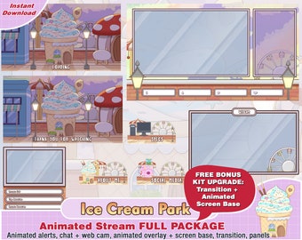 animated ice cream themepark twitch package, cute twitch overlay, panels, alerts, dessert overlays, minimalist, simple, webcam scene premade