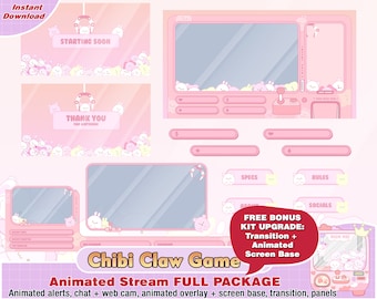 Animated plush doll claw game twitch package, kawaii twitch overlay, panels, alerts, cute overlays, streamer pack, pink, pastel, arcade cool