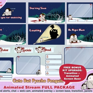 cute but psycho penguin twitch package, penguin twitch overlay, twitch panels, twitch alerts,  animated overlays, cute horror twitch overlay