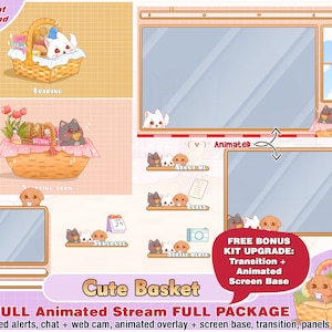 animiertes niedliches Korbhunde-Paket, niedliches zuckendes Overlay, Panels, Warnungen, Webcam, Stream-Overlays, Streamer-Paket, Kitty-Katzen-Layout