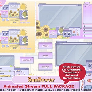 animated summer sunflower twitch package: cam twitch overlays, panels, alerts, webcam, stream, cute, kawaii pack, vtuber, purple, yellow sun