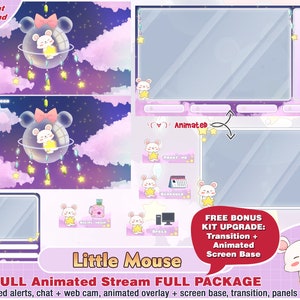 Paquete animado de contracción de ratoncito blanco, superposiciones de cámara de contracción kawaii, paneles, alertas, lindo paquete de transmisor, superposición de transmisión, fb de noche estrellada