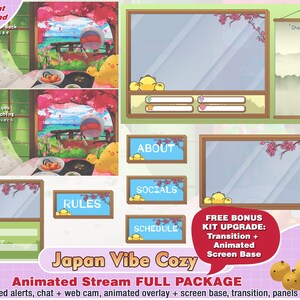 animated cozy spring japan twitch package: twitch cam overlays, panels, alerts, streamer pack, sakura, stream overlay, vtuber, transition