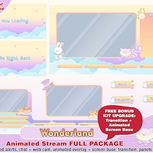 Animowany pakiet Twitch Alicji w Krainie Czarów, kawaii nakładka Twitch, panele, alerty, urocze nakładki, pakiet streamerów, estetyczny, pastelowy, uroczy