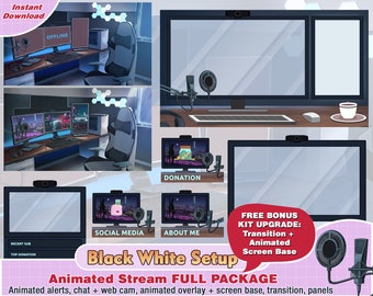 animated black white setup stream twitch package, cute twitch overlay, aesthetic, panels, alerts, room overlay, premade twitch cyberpunk