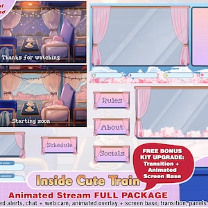 animated cute little train twitch package, twitch cam overlay, twitch panels, twitch alerts, night, streamer pack, transition stream overlay