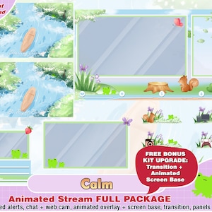 animated calm river twitch package, cute twitch overlay, aesthetic, panels, alerts, webcam scene, screen, boat, frog, pastel, relax, discord