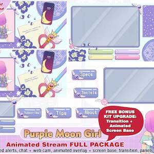 Animated purple girly sailor twitch package, kawaii twitch overlays, panels, alerts, cute streamer pack, moon, stream layout, transition art