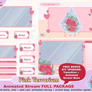 animated cute pink rose flower terrarium twitch package for streamer to stream overlay, twitch cam overlays, panels, alert, youtube overlay