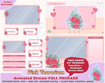 animated cute pink rose flower terrarium twitch package for streamer to stream overlay, twitch cam overlays, panels, alert, youtube overlay