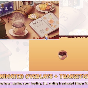 Animated coffee time study cute twitch stream overlays banner, starting soon overlay, brb, stinger transition, twitch overlay, live overlay