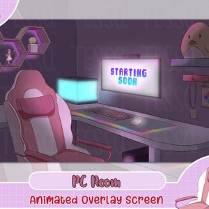 animated pink pc room twitch overlay, brb, offline, starting soon, alert twitch cute premade, template, game room, game, scene, night stream