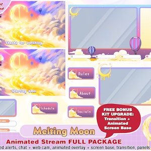 Animated melting moon twitch package, kawaii twitch overlay, panels, alert, cute overlays, streamer pack, webcam, layout, banner, celestial