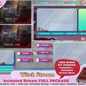 animated witch stream room twitch package, cute twitch overlay, panels, alerts, room overlays, dark, webcam scene, template, premade overlay