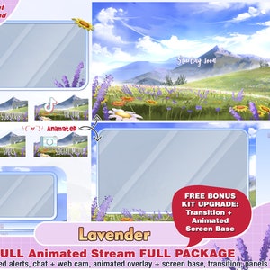 Animierte süße Lavendelblüten voller Twitch Paket für Streamer zu Stream Pack: Kawaii Panel, Alarm, Twitch Overlay, vtuber youtuber kit