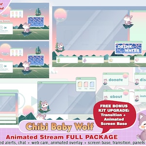animated baby wolf twitch package, kawaii twitch overlay, twitch panels, twitch alerts, cute animated overlays, stream web camera, vaporwave