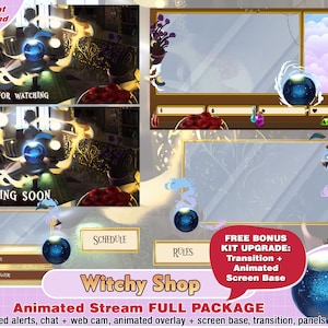animated witchy shop twitch package: goth twitch overlays, panel, alerts, chat, obs, gothic, stream pack, curse, dark fantasy screen, webcam